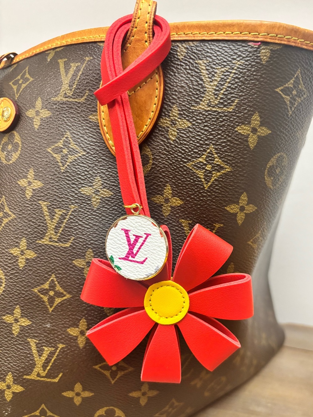 Faux Leather Red Flower Bag Charm, LV monogram disc, 7 in.  Bag Charm - Picture 2 of 2